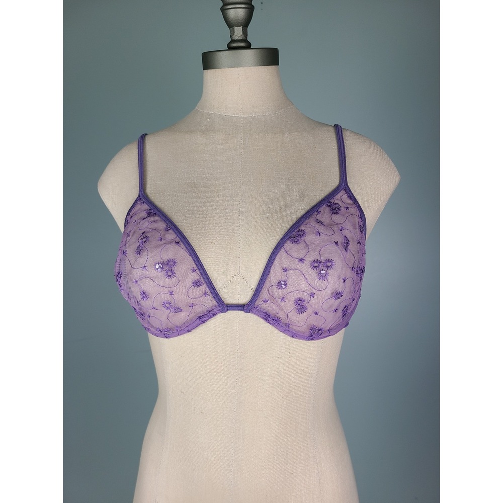 VTG Y2K Victoria's Secret Sz 36C Sheer Mesh Bra Sequins Purple Fairycore Mermaid